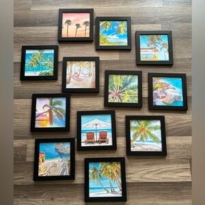7x7 Beach Theme Pictures in Black Wood Frames Set of 12